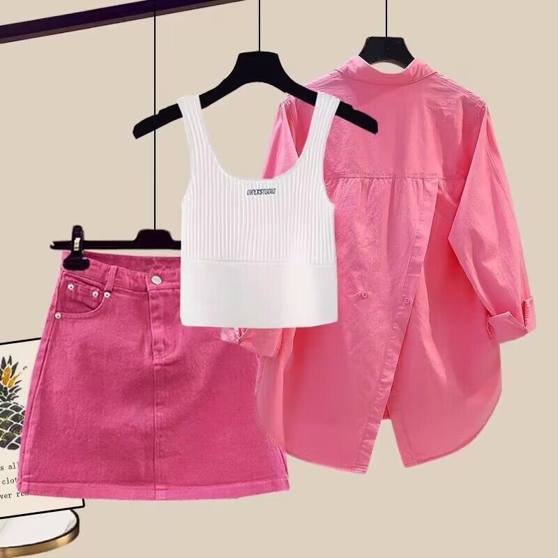 Ropa de mujer Temperamento Chaleco ajustado Camisa Falda vaquera Traje de tres piezas Moda_voghion.com