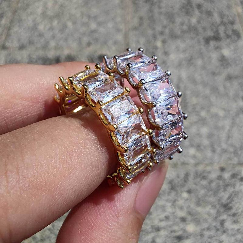 Nuovo anello da uomo hip-hop alla moda con zircone rettangolare a fila singola da 7 mm e placcato in oro autentico_voghion.com
