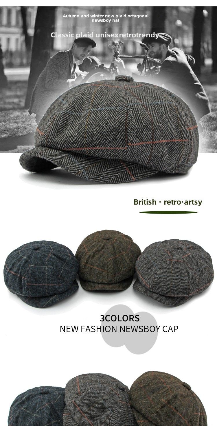 Cappello da strillone retrò britannico da uomo, autunno e inverno, classico, a quadri, da conducente, da pittore, da donna_voghion.com