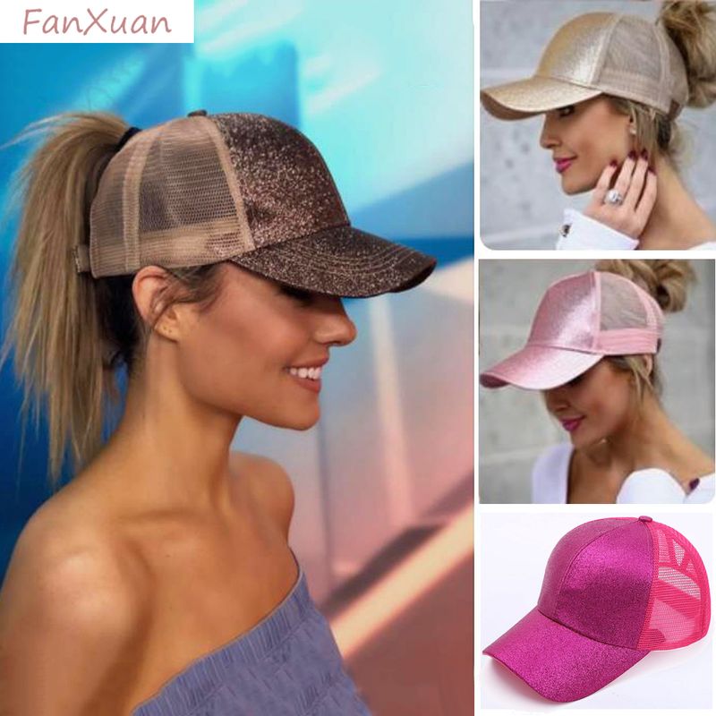 Ponytail Baseball for Women Shiny Glitter Sequins Woman Summer Cap Mesh Sunhat Pure Color High Messy Bun Hat_voghion.com