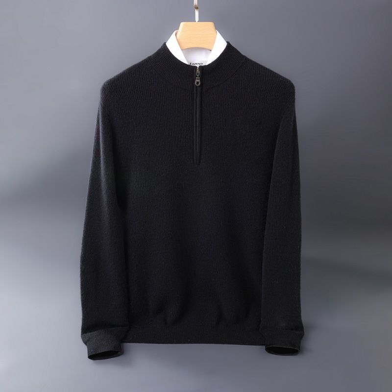 Thickened Cashmere Sweater Men's Cashmere Semi-turtleneck Zipper Sweater Youth Business Casual Top_voghion.com