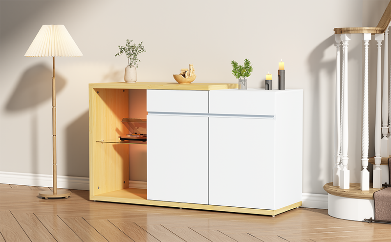 Buffet LED 120 cm de large, meuble de rangement multifonctionnel avec 2 portes et 2 tiroirs, meuble buffet avec éclairage LED_voghion.com