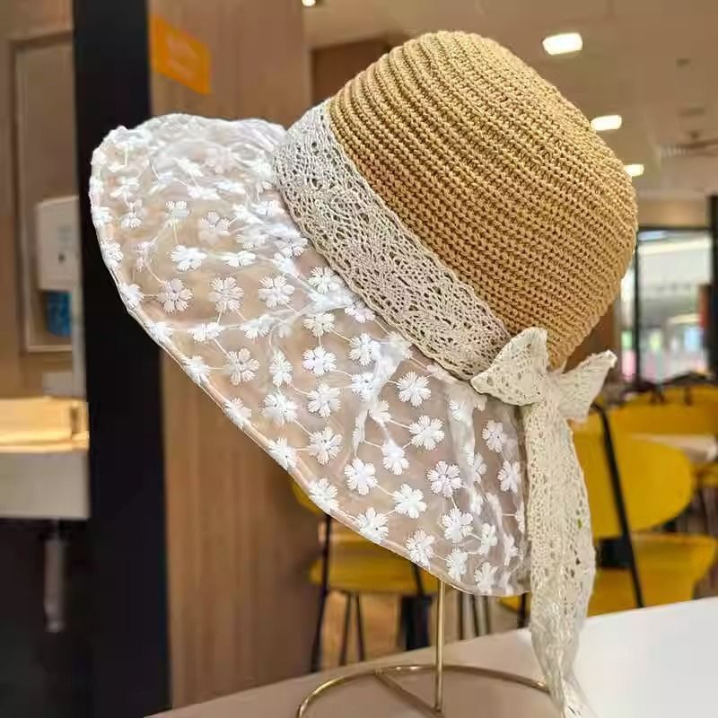 Straw Hat Summer New Hat Sunscreen Bucket Hat Seaside Lace Vacation Bow Beach Visor Sun Hat_voghion.com