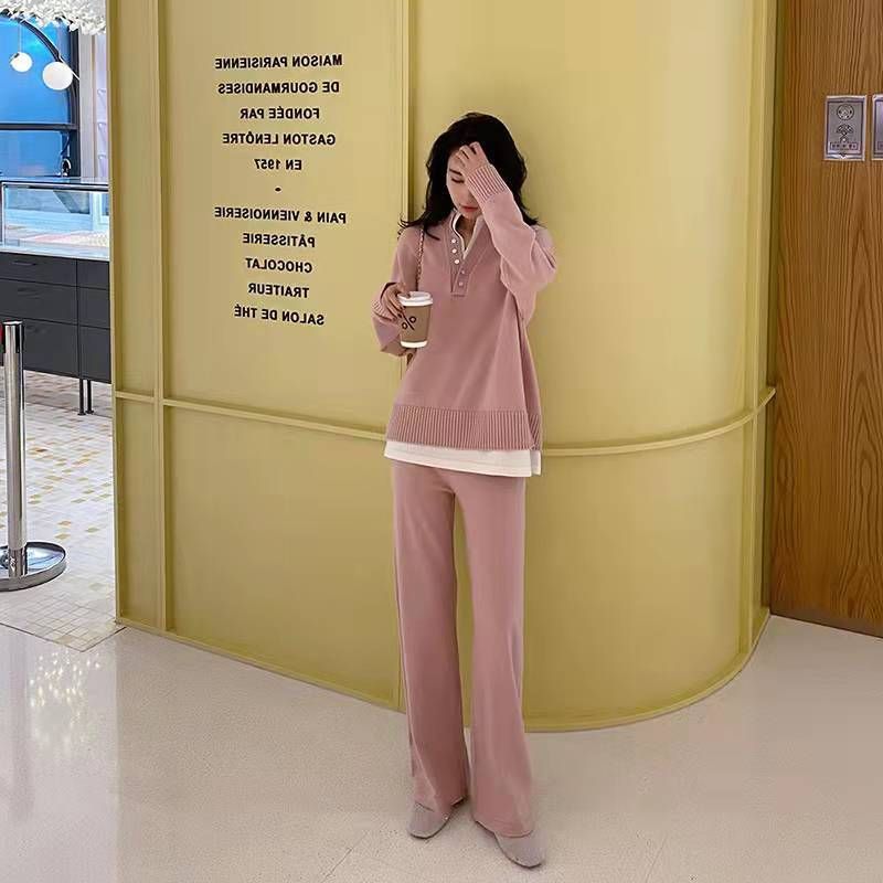 Trendy Youthful Sports Outfit 2025 Spring Autumn Women's Knitted Sweater Wide-Leg Pants Casual Two-Piece Set_voghion.com