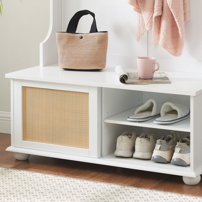 Clothes Hanger Hall Tree Storage Bench Shoe Rack For Entryway, Hall Tree With Bench And Shoe Storage, Hall Tree Entryway Bench With Rattan Door White, 40.16"W*18.58"D*64.17"H_voghion.com