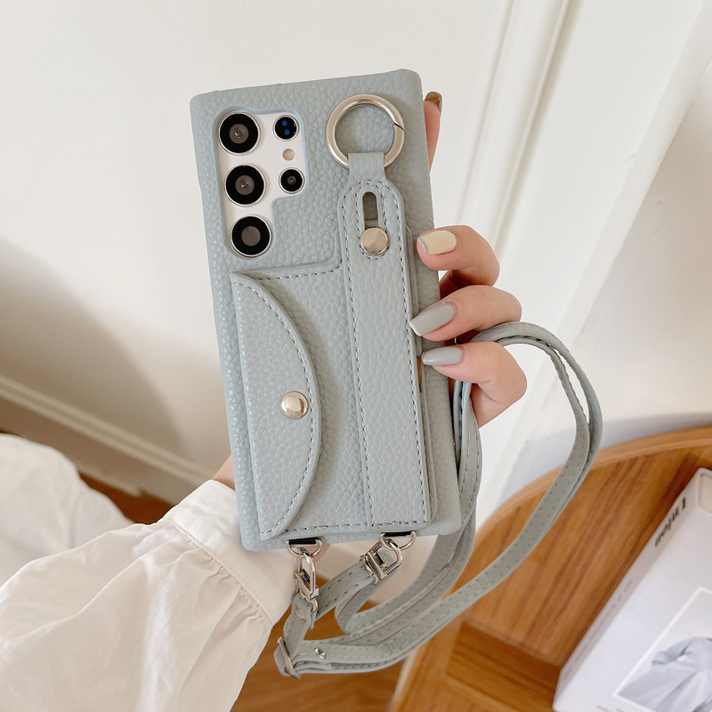 Mobile phone case Suitable for Samsung S23 Ultra litchi card holder wrist strap diagonal mobile phone case S21/S22 wallet mobile phone case_voghion.com