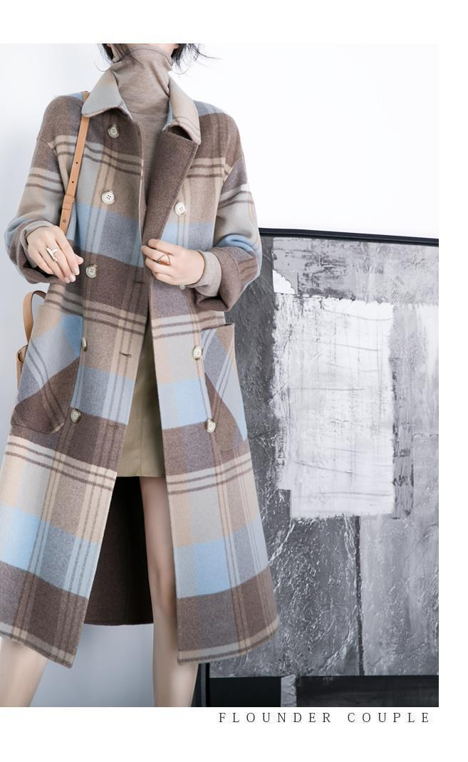 Damenbekleidung Karierter Wollmantel für Damen, Overknee-Zweireiher, große Taschen, lockere, mittellange Manteljacke_voghion.com