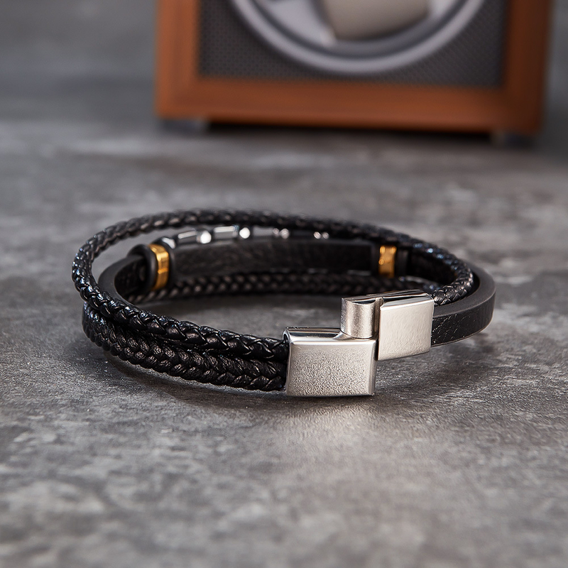 Mehrlagiges gewebtes Lederarmband mit Hämatit-Lederarmband für Herren_voghion.com