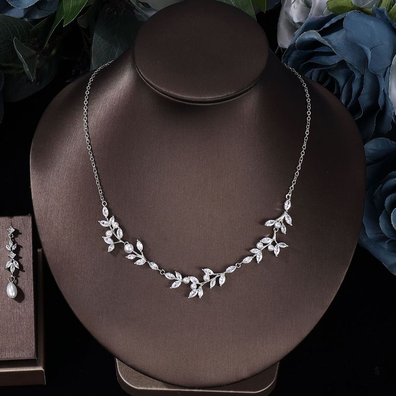 Festa popular Reunião Anual Estilo Diamante Série Floresta Colar de Pérolas Atmosfera de Alta Qualidade Folhas Brincos de Zircônia Joias_voghion.com