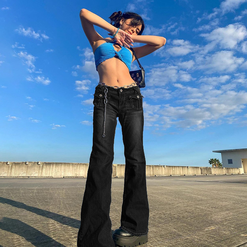 Damkläder Ins Mode Retro Old Trend Hot Girl Low Waist Pocket Jeans För Kvinnor_voghion.com