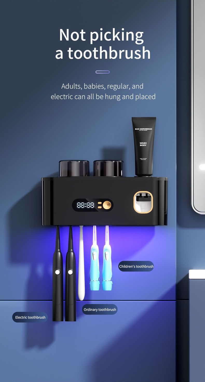 UV Smart Toothbrush Holder Sterilizer Electric Drying Storage Rack Wall-Mounted No Drilling Required_voghion.com