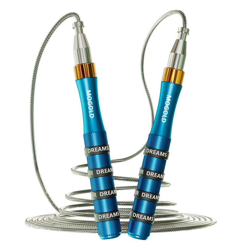 Corda per saltare autobloccante con doppio cuscinetto, manico in lega di alluminio con texture in silicone blu e oro, personalizzabile con laser fai da te_voghion.com
