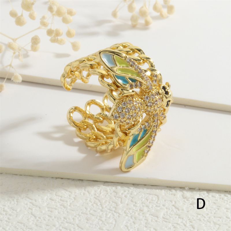 Hip Hop Cuban Chain Zircon Personality Metal Cold Style Atmospheric Wide Version Colorful Drip Oil Bee Ring_voghion.com