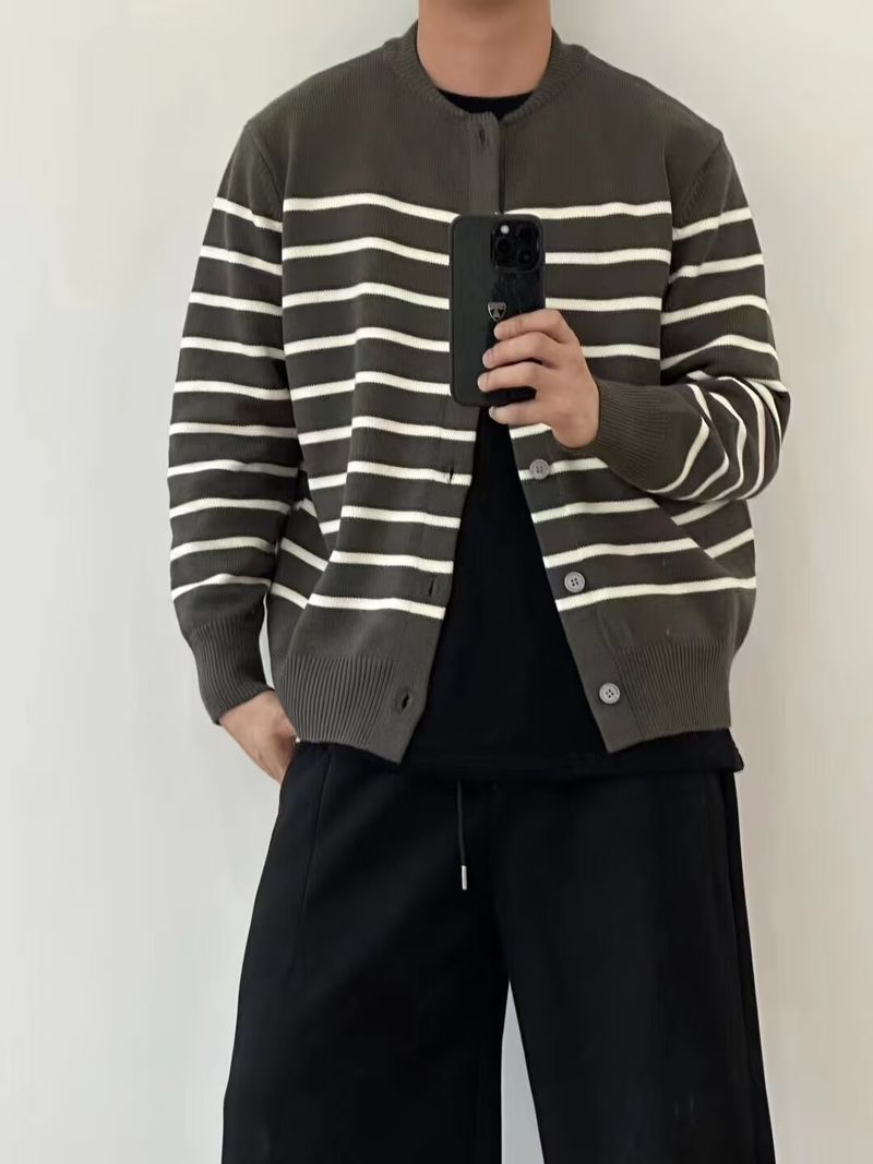 Hochwertiger gestreifter Strickcardigan – Oversize-Pullover mit offener Vorderseite für Herren, gemütliche Winter-Layering-Strickjacken_voghion.com