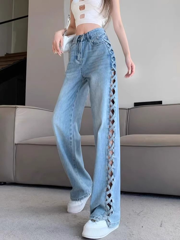 Abbigliamento da donna, design primaverile ed estivo, pantaloni sottili e versatili a vita alta lunghi fino al pavimento_voghion.com