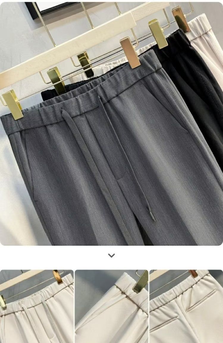 Drapierte Freizeithose für Herren, trendige, schlichte, einfarbige Hose mit elastischer Taille und geradem Neun-Punkt-Kordelzug_voghion.com