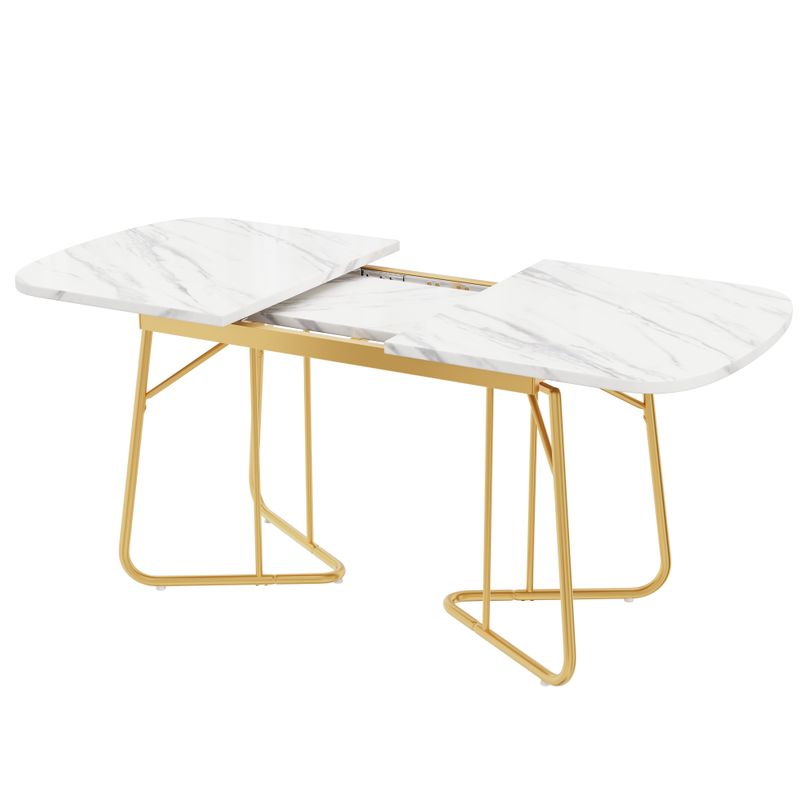 White Extendable Dining Table with Marble Pattern, Gold-Tone Metal Legs, 140/180 x 80 cm Expandable Luxury Dining Table, Rectangular White Table for 4–6 People_voghion.com