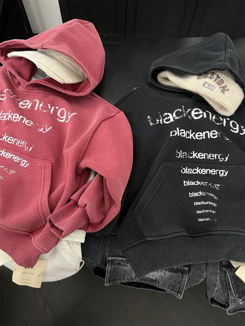 Boys And Girls American Vintage Letter Hooded Sweatshirt, Children's Trendy Cool Autumn Style Sand Washed White Pullover_voghion.com
