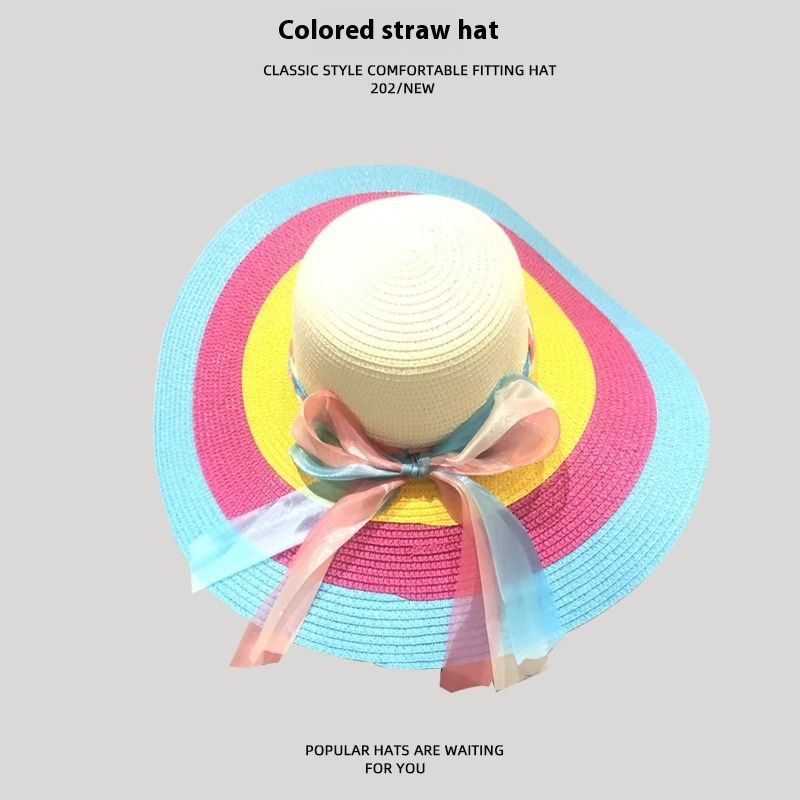 Pdmcms European and American Style Women's Color Blocked Lace Ribbon Large Brim Straw Hat Elegant Vacation Style Sun Shading Beach Hat_voghion.com