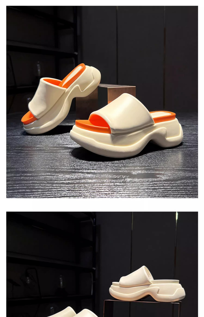 P Yaz Yeni Deri Slip On Terlik Kadın S Muffin Kalın Tabanlı Ekmek Ayakkabıları Renk Uyumlu Sandaletler ile Daha İnce ve Daha Uzun Görünüyor_voghion.com