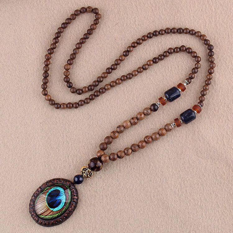 Collana lunga per maglione in stile etnico, ciondolo Bodhi, collana con perline di legno, accessori con ciondolo in cotone e lino per uomo e donna_voghion.com