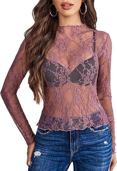 Top da donna, maniche lunghe, collo alto, camicia trasparente, top in pizzo floreale trasparente, hanno un vero colpo_voghion.com