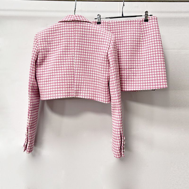 Ensemble deux pièces haut de gamme pour femme 2025, veste et jupe pied-de-poule avec nœud papillon et strass_voghion.com