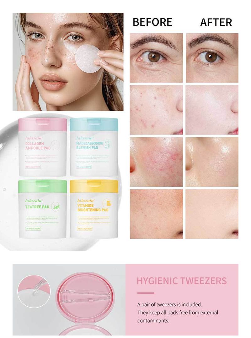 Lakerain Collagen & Madecassoside Facial Cotton Pads (100pcs) - Soothing Ampoule Pads For Acne & Hydration_voghion.com