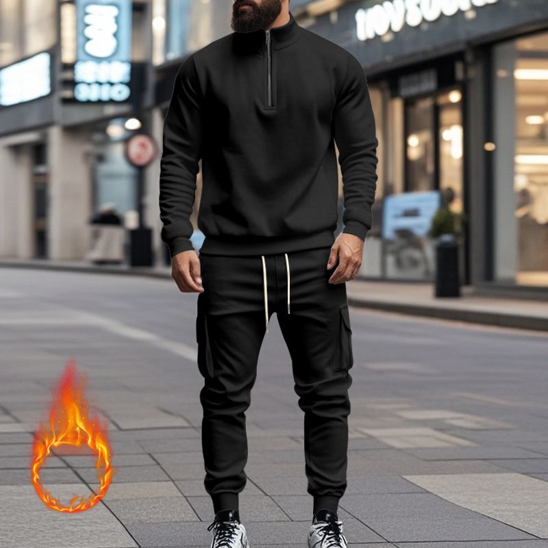 Fleecegefüttertes Sweatshirt-Set mit Viertelreißverschluss für Herren – Slim Fit Thermo-Jogging-Outfit für Herbst und Winter_voghion.com