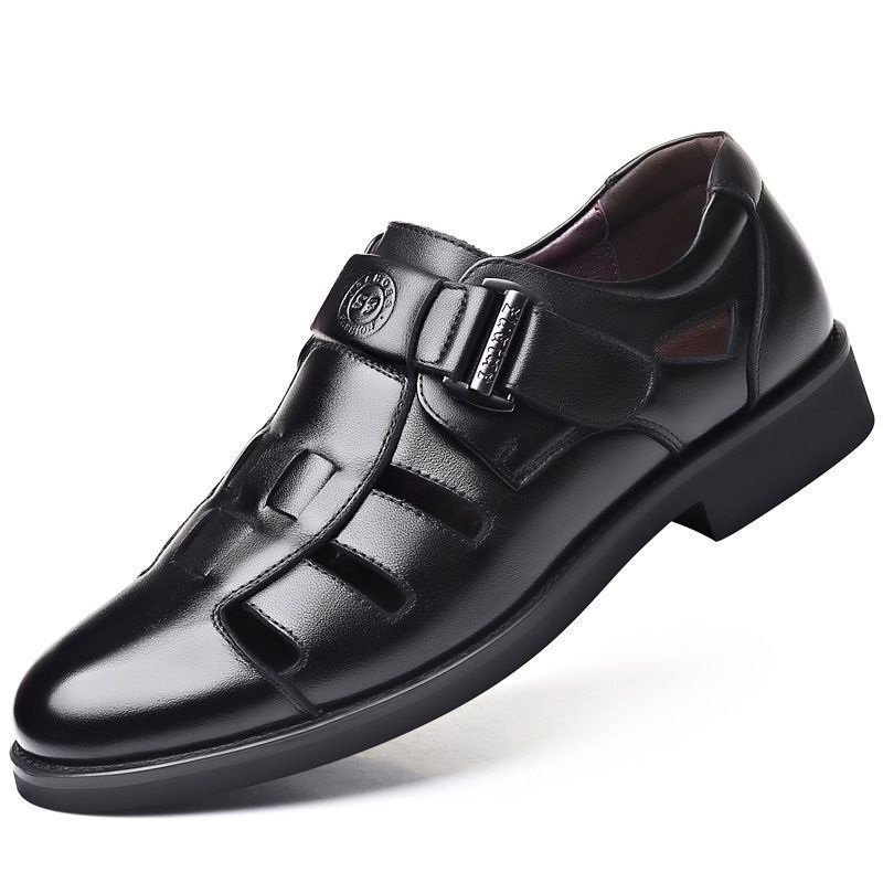 Sandalen Herren Sommer Atmungsaktiv Loch Leder Weiche Sohle Sandalen Business Casual Hohl Baotou Vater Schuhe_voghion.com