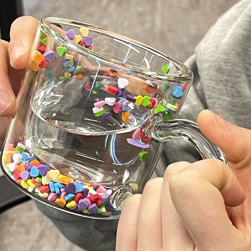 Ins High-Value Cute Glass Heart Milk Household Flowing Sand Double-Layer Creative Water Cup Mug_voghion.com