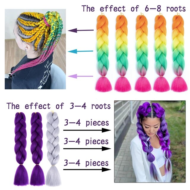 24-Zoll-synthetisches langes Jumbo-Ombre-Flechthaar für Frauen, bunte Zöpfe, 100 g, Regenbogenhaar, grau, schwarz, Trendweise_voghion.com