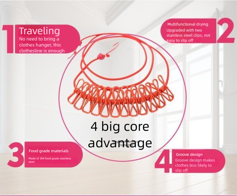 Travel Portable Clip Rack Telescopic Windproof Clothesline Convenient Hook Clothes Drying Artifact_voghion.com