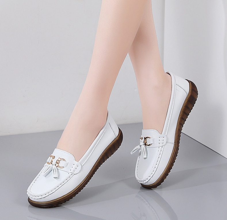 Neue frauen einzigen kopf rindsleder flach mund quaste lässig mutter paket fuß Lefou hang ferse leder schuhe_voghion.com