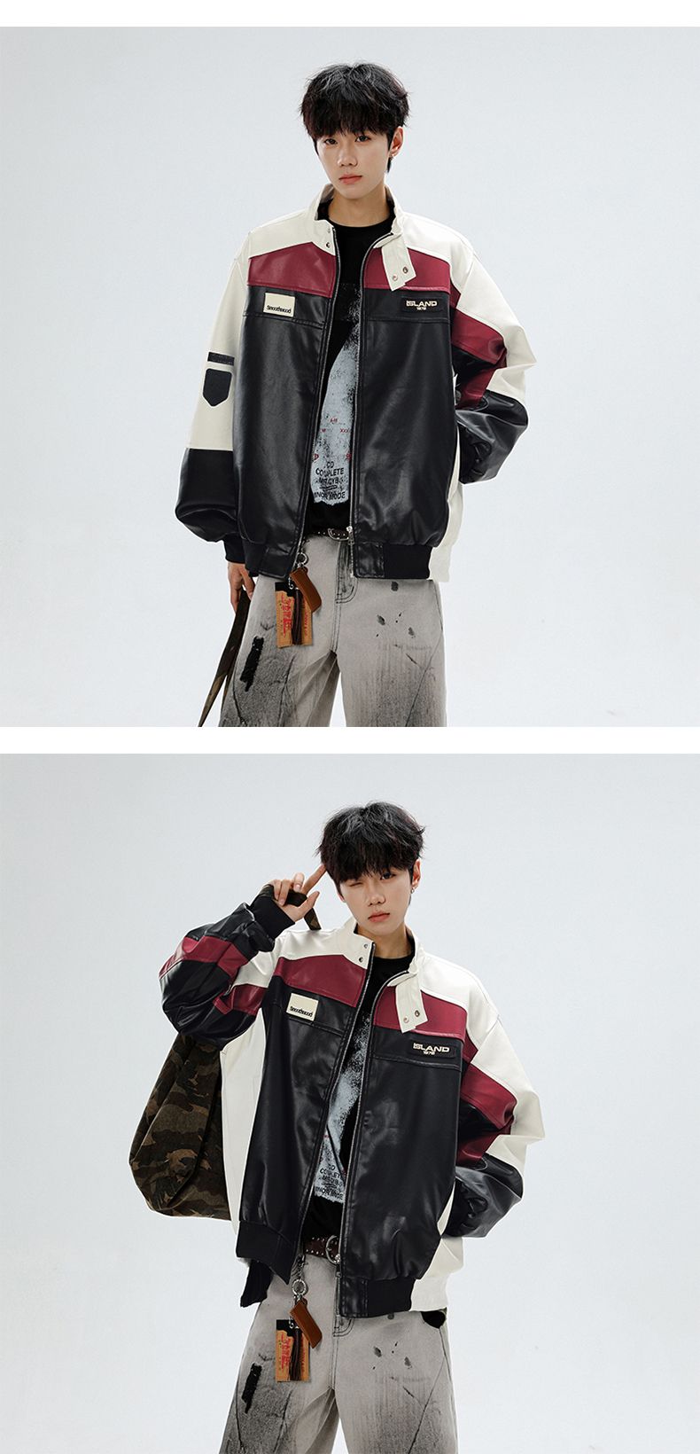 Combinaison de moto américaine en cuir PU pour homme, style automne, patchwork, col montant, style aviateur_voghion.com