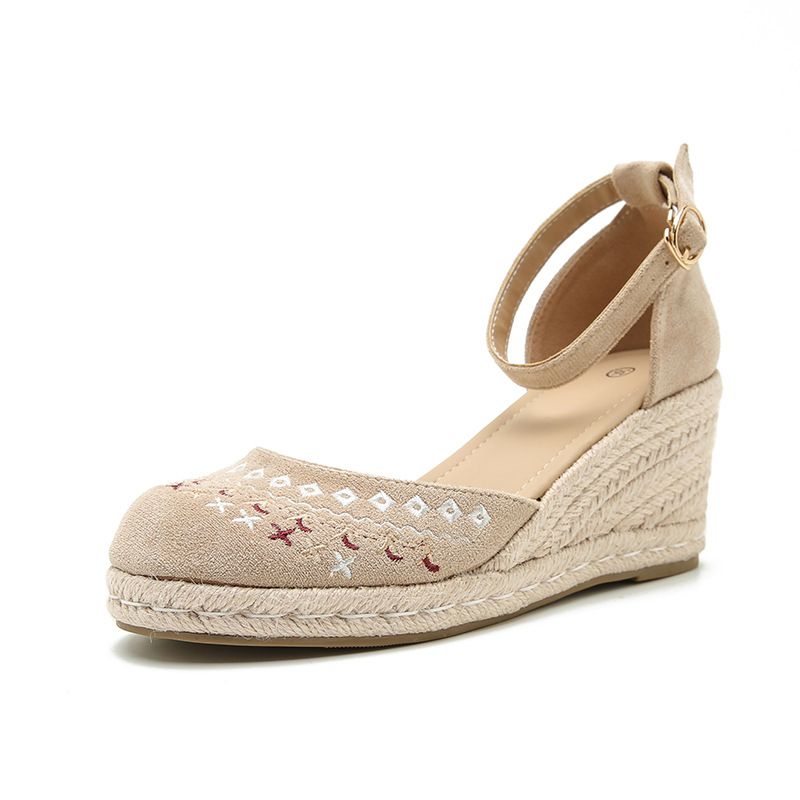 Keilsandalen für Damen, Seilkante, Schnalle, Muffin-Absatz, runde Zehenpartie, geschlossene Zehenpartie, Ethno-Stil_voghion.com