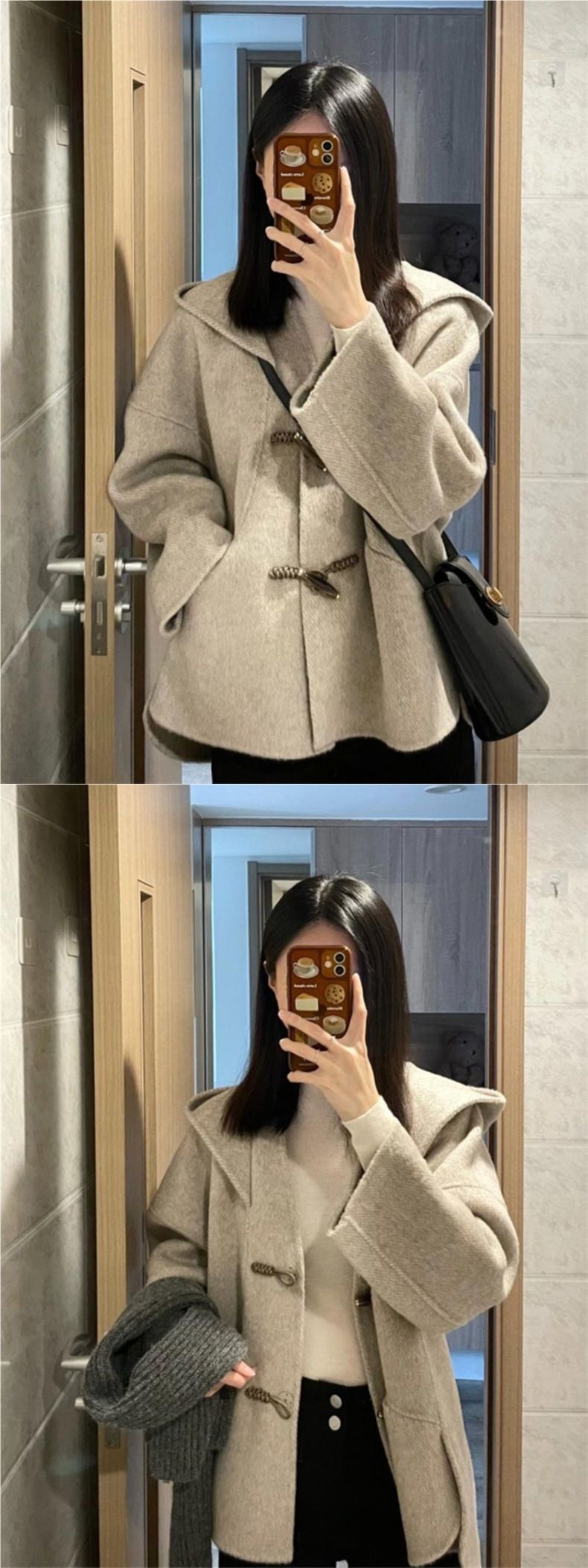 Jaqueta feminina curta de lã com botões de chifre, estilo outono/inverno, com capuz e design elegante._voghion.com