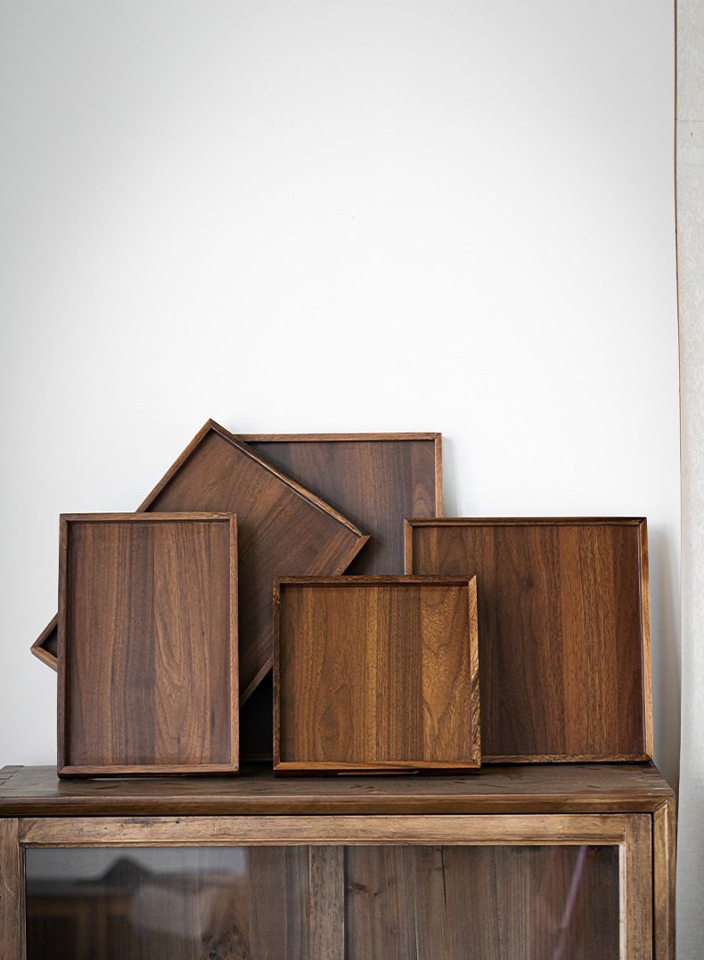 Ensemble de plateaux de service à thé en bois de noyer – Élégant ensemble de style chinois multi-tailles et formes pour la cérémonie du thé, les desserts et les collations_voghion.com