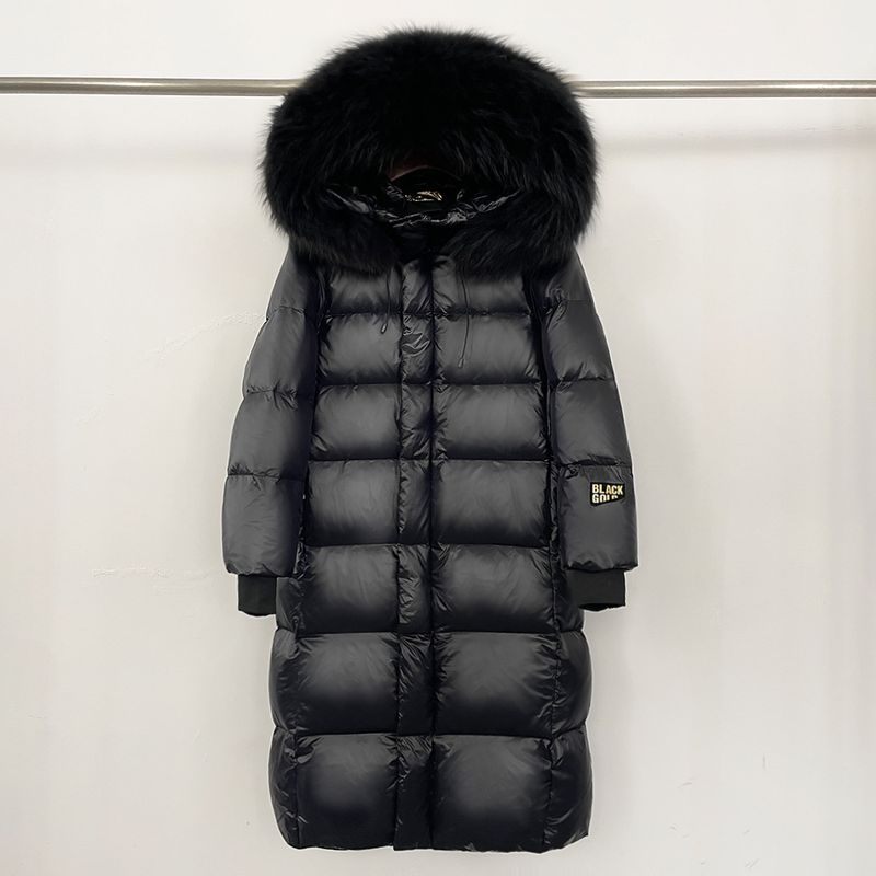 Abbigliamento da donna Giacca lunga con cappuccio e finiture in pelliccia di volpe, 90% piumino d'oca, nylon impermeabile, elegante e caldo cappotto invernale_voghion.com