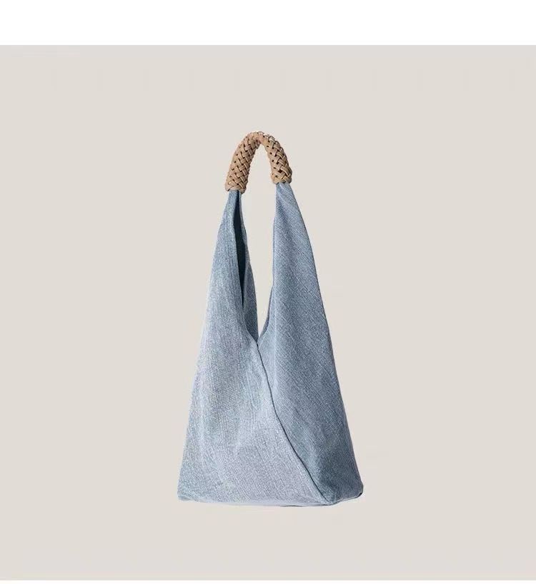 Borsa con manico da donna, design con texture in denim, borsa in tela, borsa tote monospalla da donna, borsa a mezzaluna_voghion.com