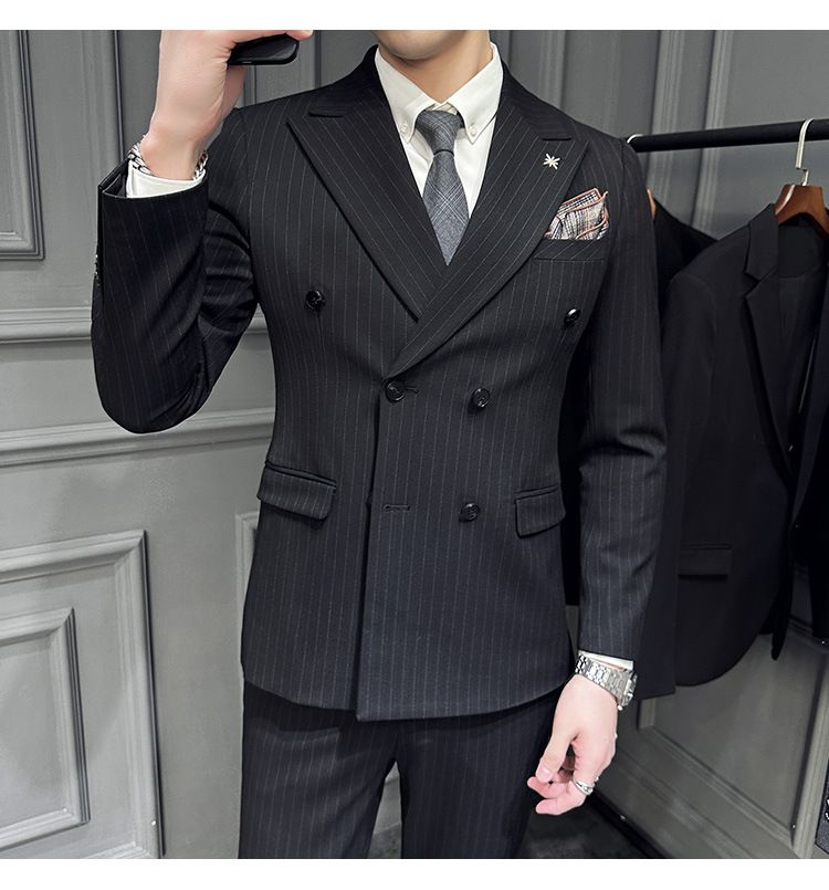 Britu stila moderns svītrains divrindu vīriešu līgavaiņa, līgavaiņa, kāzu kleitas, trīsdaļīga uzvalka komplekta tendence_voghion.com