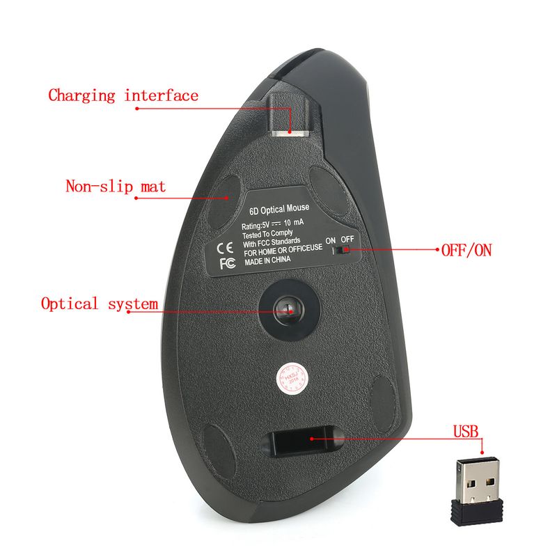 HXSJ Ergonomic Vertical Mouse With 2.4GHz Wireless, 2400DPI Adjustable, 6-Button Design, Comfort Fit For PC/Laptop_voghion.com