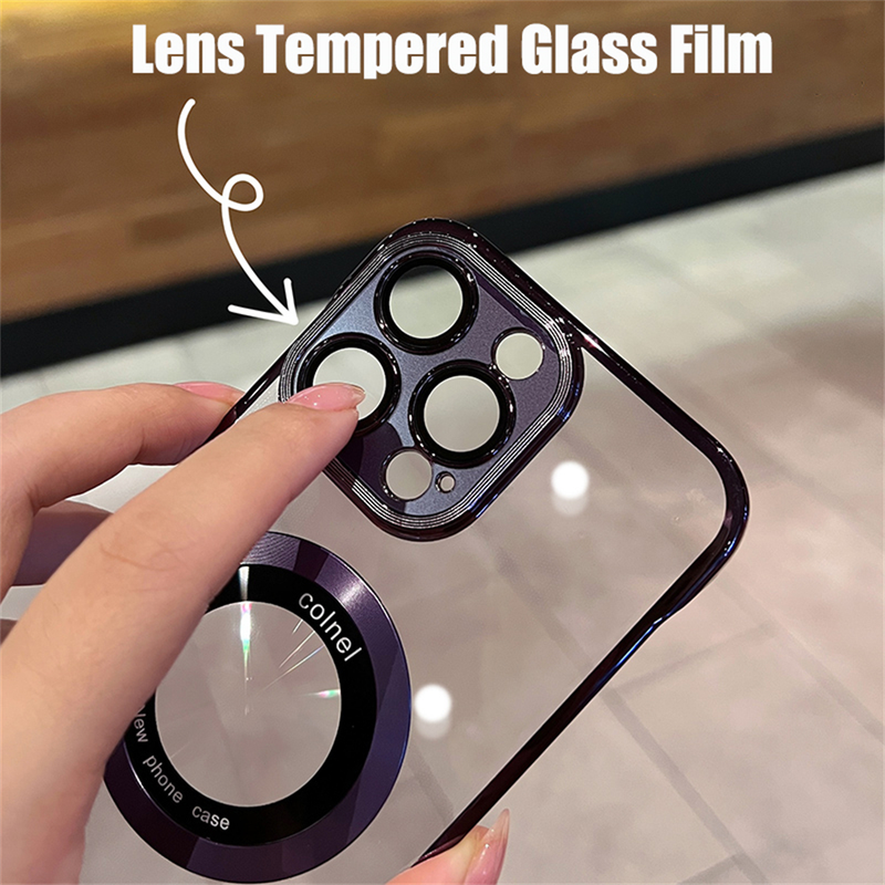 Cassa del telefono trasparente senza cornice placcatura per iPhone 14 Plus 13 12 Pro Max Hole per copertura di ricarica wireless magnetica Magsafe_voghion.com