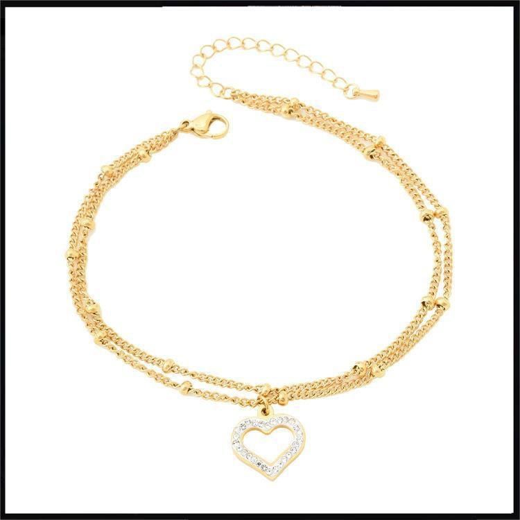 Tornozeleira de aço titânio com corrente de contas de camada dupla, joia fashion, tornozeleira de zircônia Sweet Love, tornozeleira estilo praia para mulheres_voghion.com