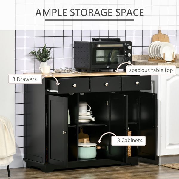 HOMCOM Sideboard With Solid Wood Countertop, Modern Kitchen Storage Cabinet, Coffee Bar Cabinet With 3 Drawers, Doors And Adjustable Shelf, Black_voghion.com
