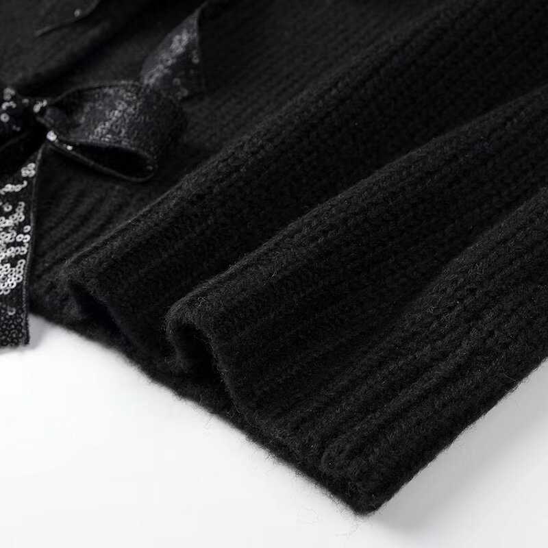 Cardigan en tricot ample à paillettes, deux couleurs, avec nœud de personnalité décoré, à la mode pour femmes_voghion.com