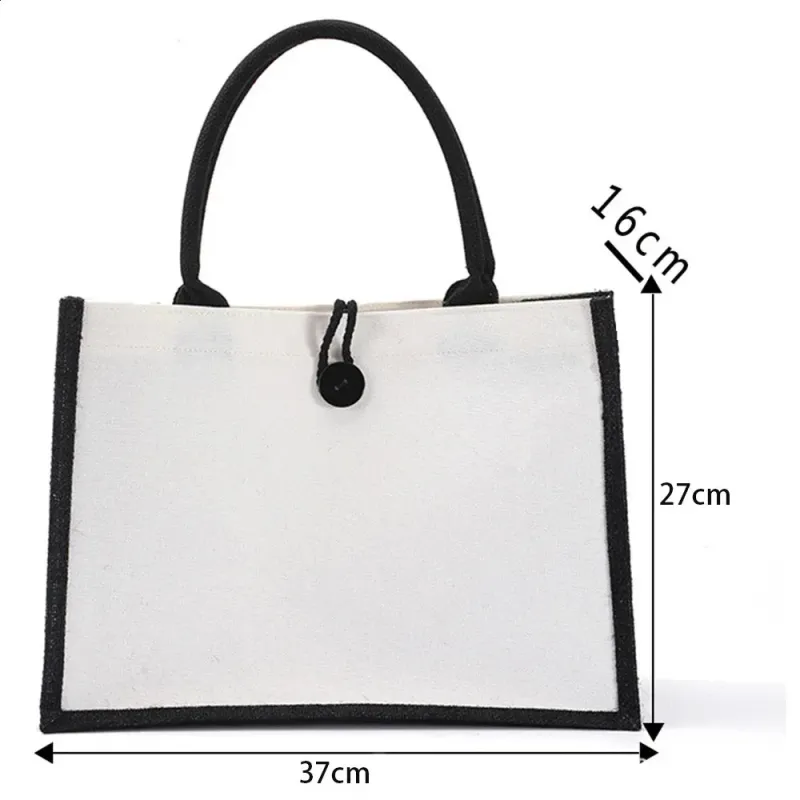 Black/White Large Capacity Canvas Handbag Burlap Shopping Bag Foldable Travel Storage Organizer Eco-Friendly Grocery_voghion.com