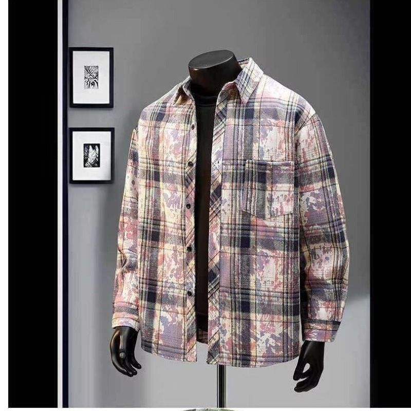 Camicia a quadri tie-dye 2025 per ragazzi, camicia a maniche lunghe primavera-autunno, giacca in stile coppia trendy e di nicchia_voghion.com