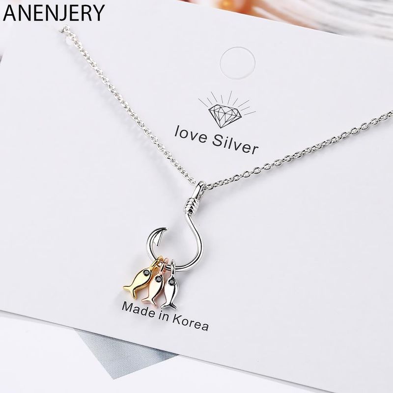 Hot sales ANENJERY Sier Color Cute Three Small Pendant Necklace With Fish Hook Charms Jewelry For Best Friend Gift_voghion.com