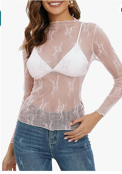 Haut transparent en dentelle et maille transparente - Chemisier sexy avec col montant et broderie florale_voghion.com
